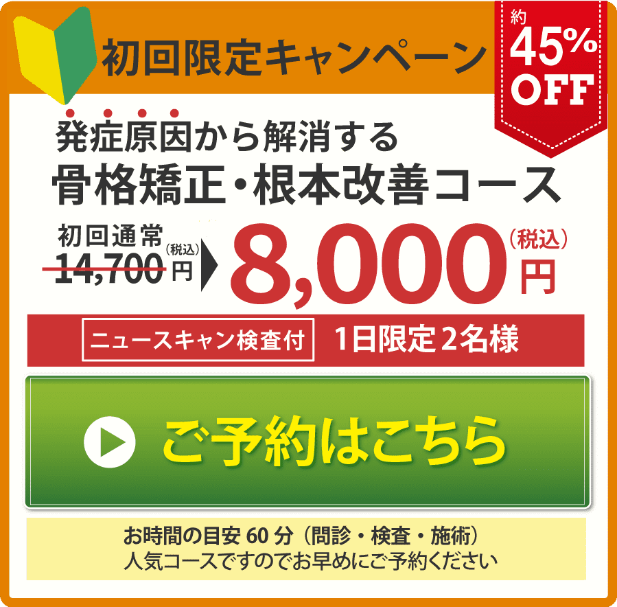 初回限定キャンペーン 骨格矯正・根本改善コース ニュースキャン付